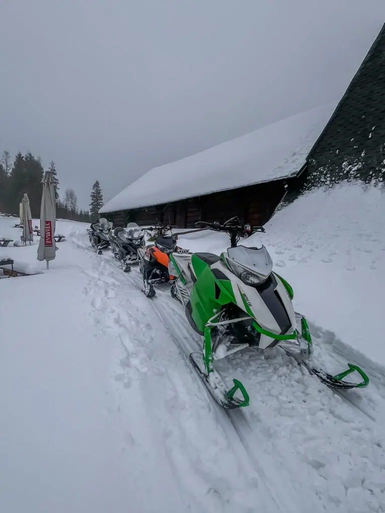 Zielony i biały skuter śnieżny zaparkowany na zaśnieżonej ścieżce obok drewnianej chaty; w tle inne skutery i zimowa, szara atmosfera.