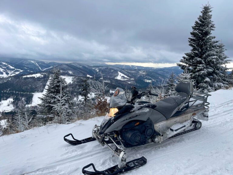 Snieżny skuter na stoku górskim z widokiem na zimowy krajobraz i drzewa pokryte śniegiem.